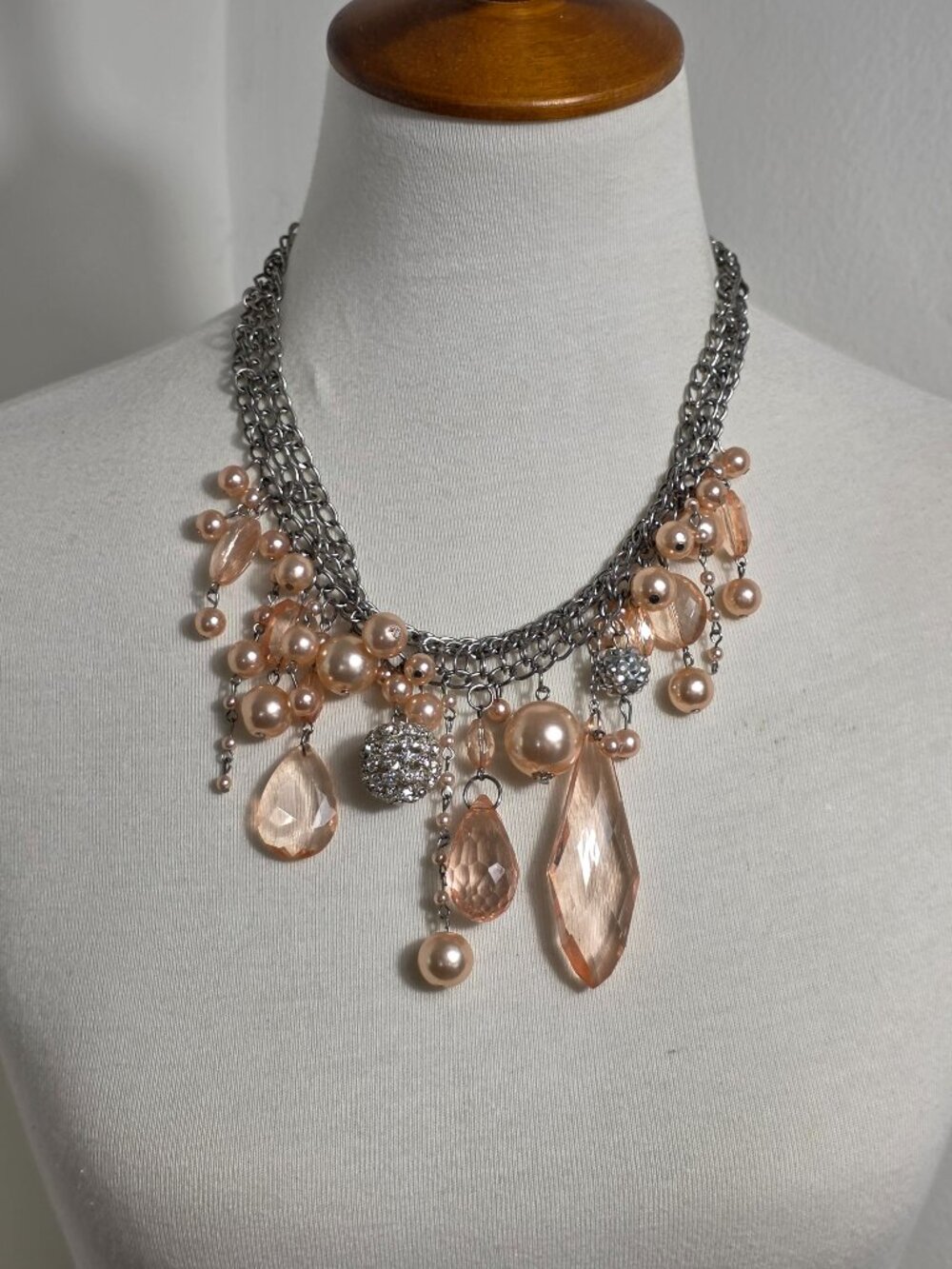 Vintage You & I Chunky Silver-Tone Necklace Peach & Pink Faux Pearls & Crystals